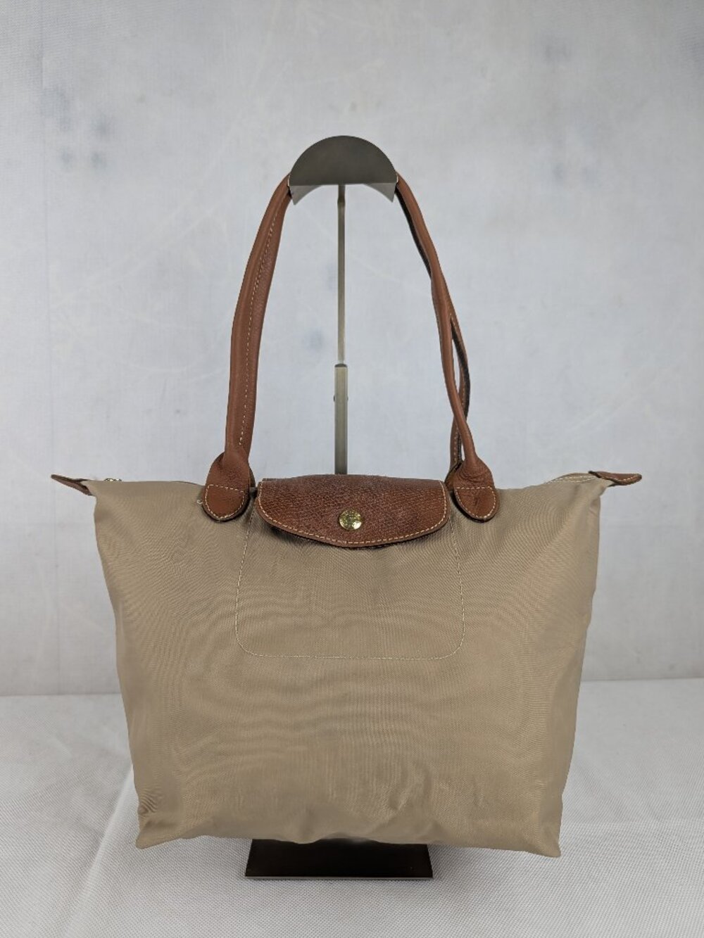 Authentic Longchamp Nylon Tote Used Le Pliage Designer Shoulder Bag Beige.